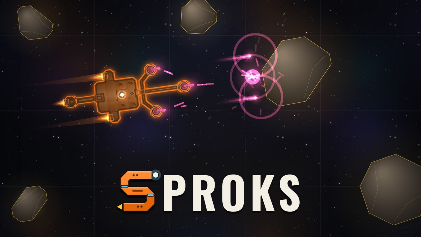 Sproks: a small orange ship firing at an asteroid