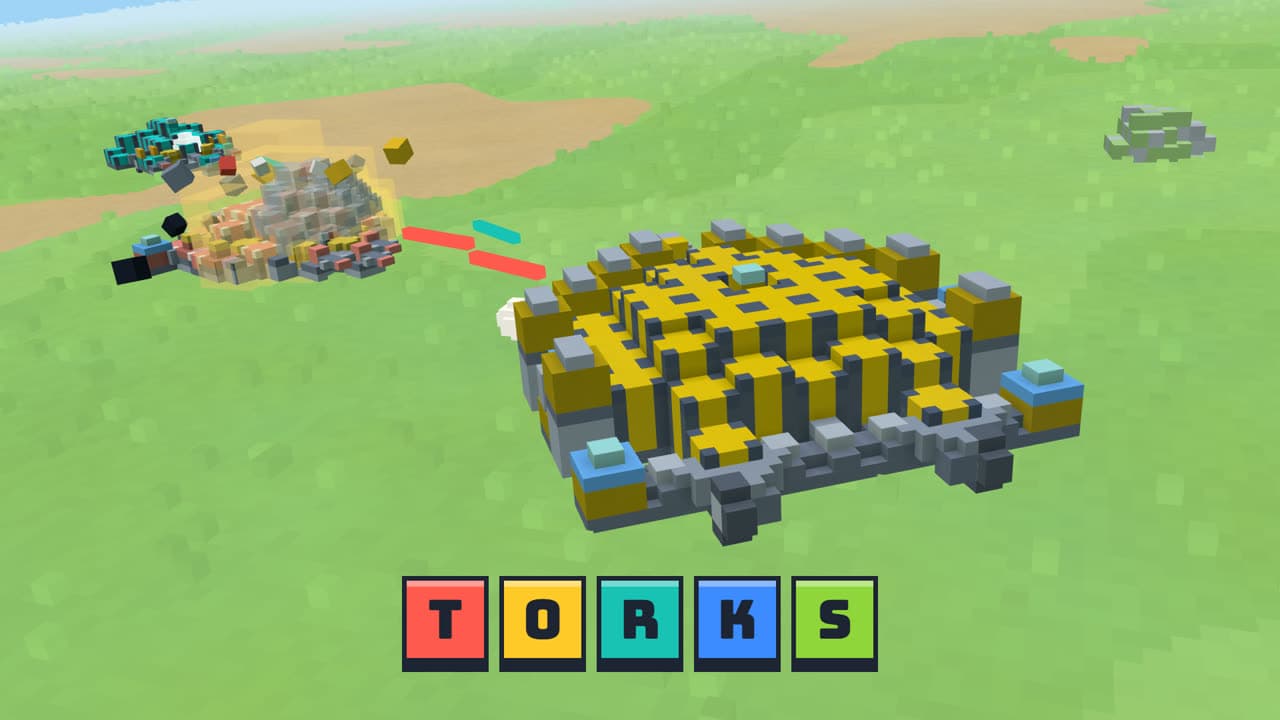 Torks: a big yellow cube-built bot in a grassy yard, a coral bot bursting into blocks behind it